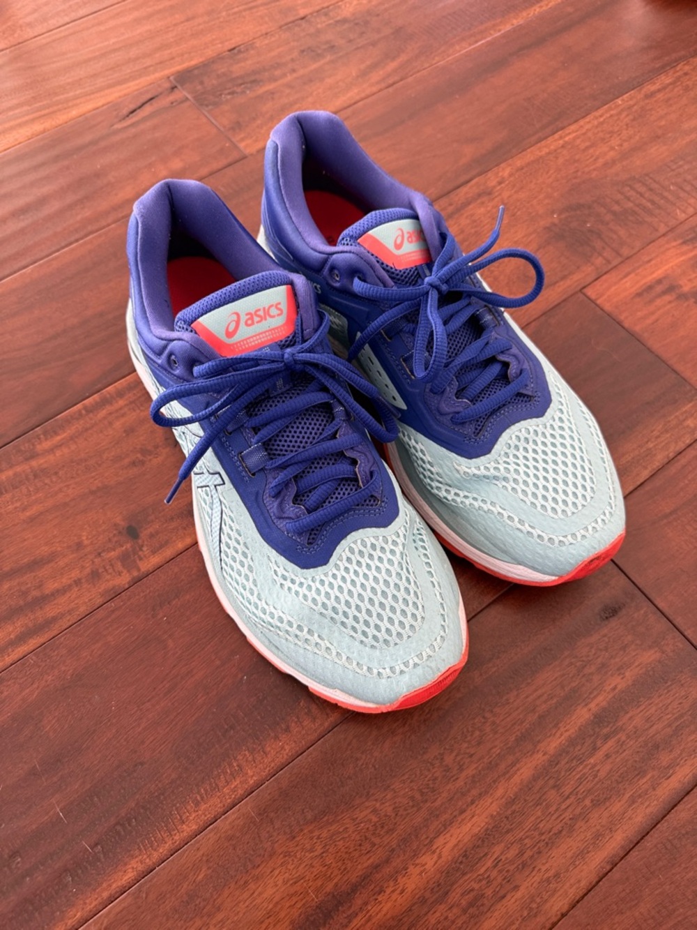 Asics Light Blue and Purple Running Shoes with Coral Accents